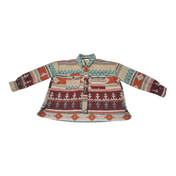 NWT La Miel Jacket Womens Large Southwest Aztec Navajo Blanket Shacket Raw Hem - Picture 1 of 9
